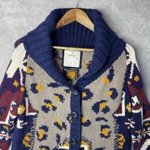 Vintage Replay Womens Small Handmade Knit Chunky Cardigan Leopard Cabincore Cozy